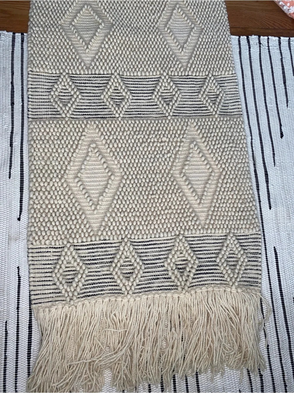 Handwoven Moroccan-Style Cream Macrame  Wall Hanging with Black Accents